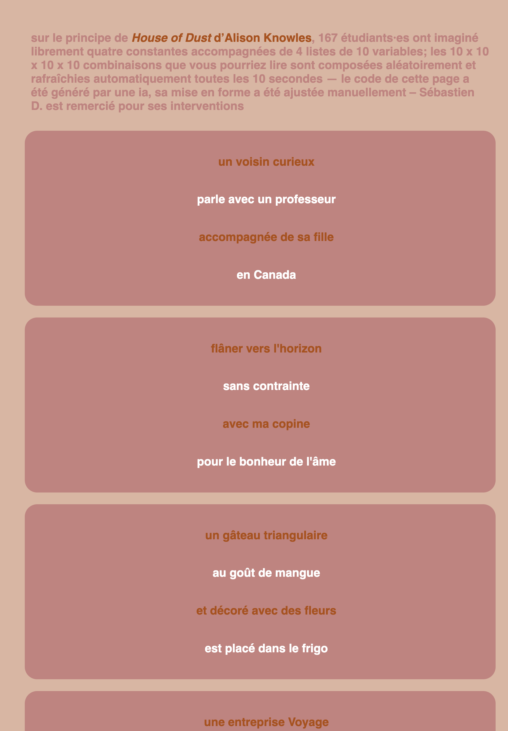 Page dans les tons rose/beige avec un texte d'introduction suivi de rectangles dans lesquelles sont situé 4 lignes constitué de mots, une ligne est en rouge/rose et une en blanc.